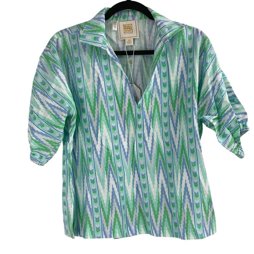 Emily McCarthy Women’s Poppy Top Green Blue Aztec Print Blouse XS NEW $178